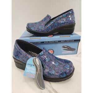 NEW Size 9 WIDE Easy Works Leeza‎ Work Clog NAVY PAISLEY SLIP ON Nurse Walking
